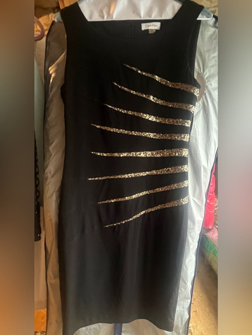 Calvin Klein Black Sleeveless Sheath Dress with Gold Sequin Accents